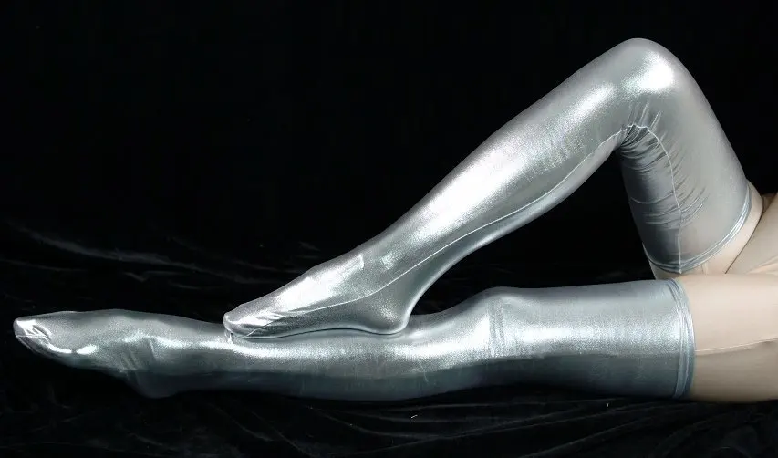 hot sale dark blue shiny metallic sexy thigh high socks fetish unisex zentai suit classic halloween costumes