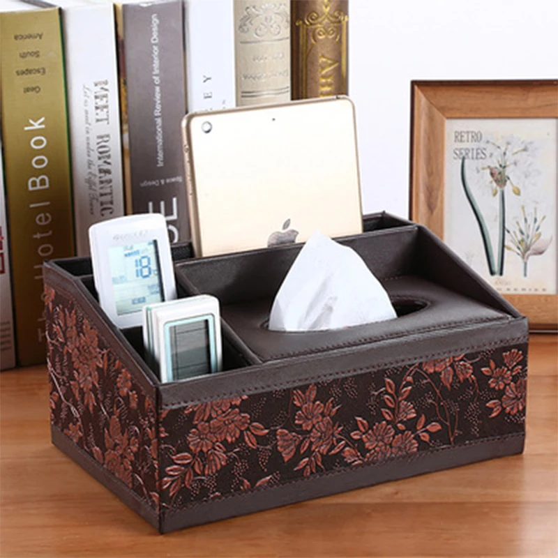 

QQJJMulti-function PU leather pen holder mobile phone remote control storage box tissue box bracket desk decoration storage box