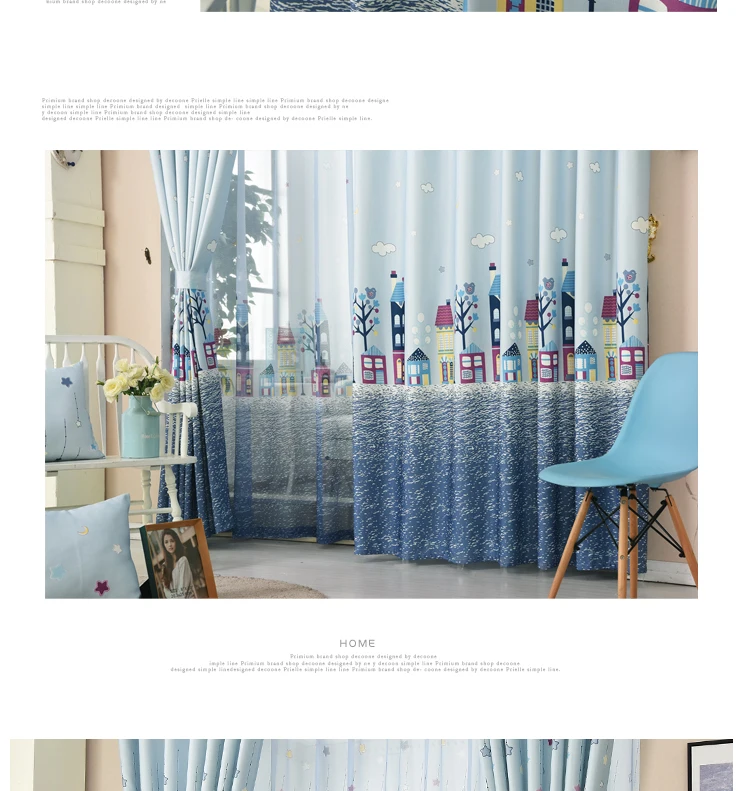 Cartoon Tree Castle Printed Window Curtains for Children Kids Bedroom Living Room Sheer Window Drapes Blue Color