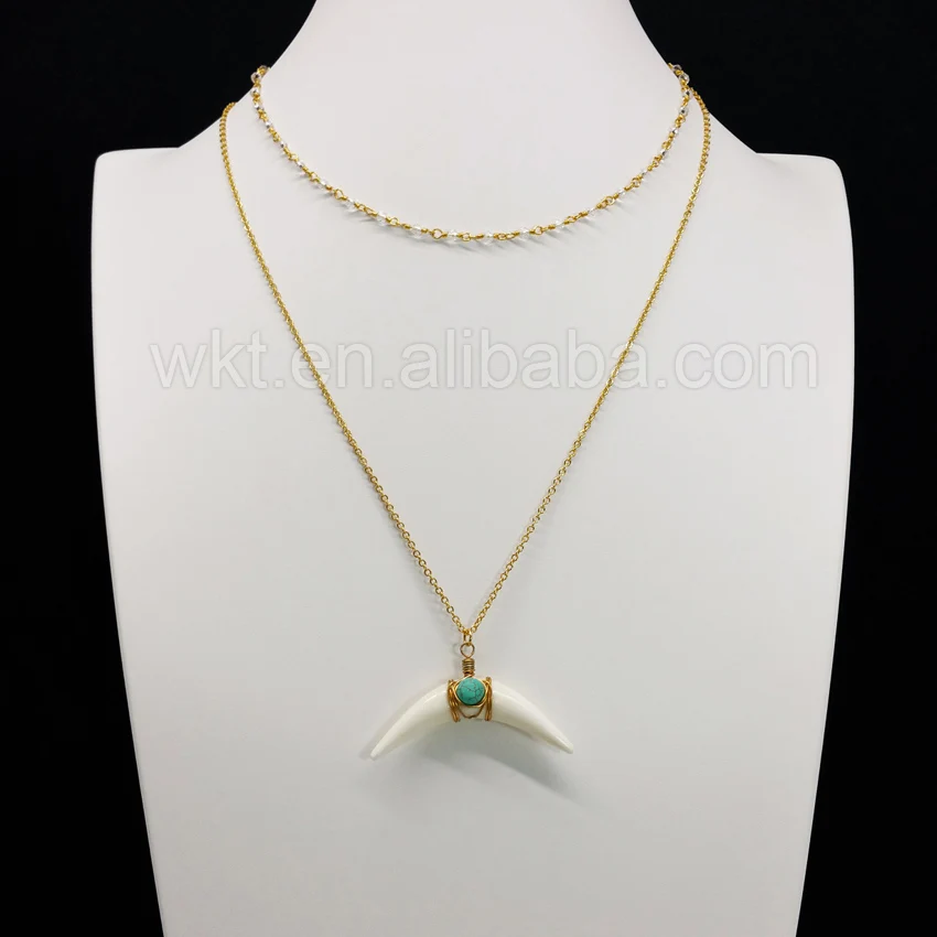 

WT-N674 New 24inch long bone horn with howlitenecklace ,fashion 16inch rosary chain crystal stone choker necklace for women