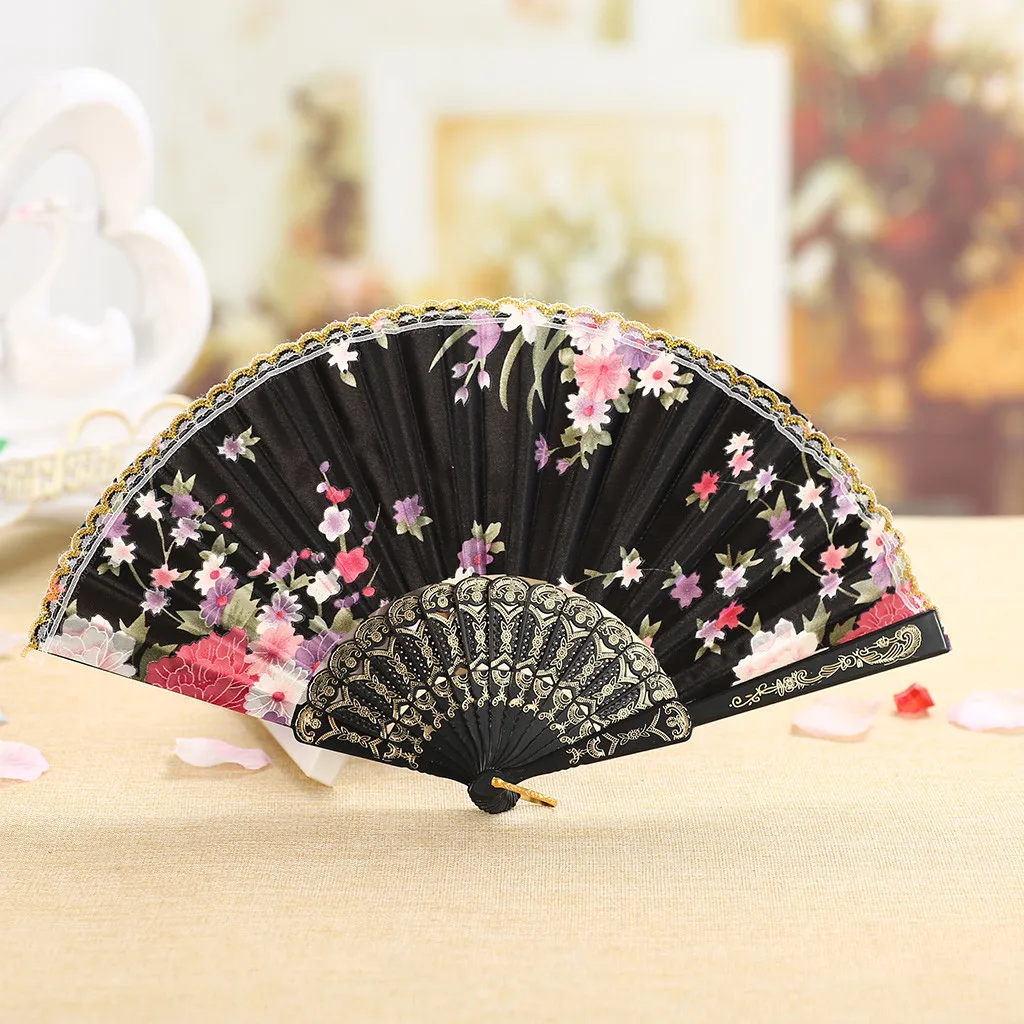 Classic Chinese Style Dance Wedding Party Lace Silk Folding Hand Held Flower Fan 