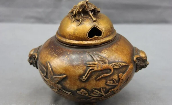 

S0732 China Royal Copper bronze Lion Ear red crown crane Turtle incense burner Censer D0318