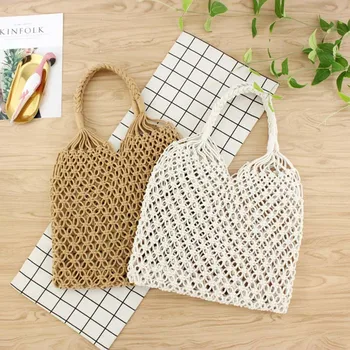 

New Style Women Pure Manual Round Vine Cotton Rope Hollow Straw Fresh Woven Beach Bag without Lining Outdoor Sports Bags