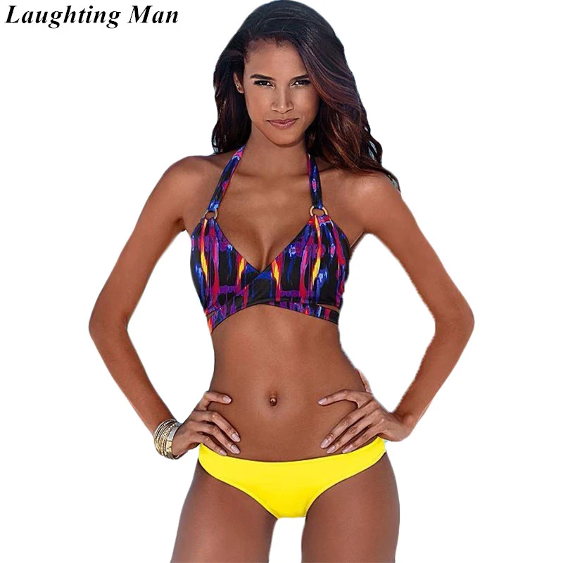 

Laughting Man Sexy Bikini 2018 Bandage Swimsuit Women Cross Bathing Suits Patchwork Swimwear Femme Biquini Print Swim Wear YJ223