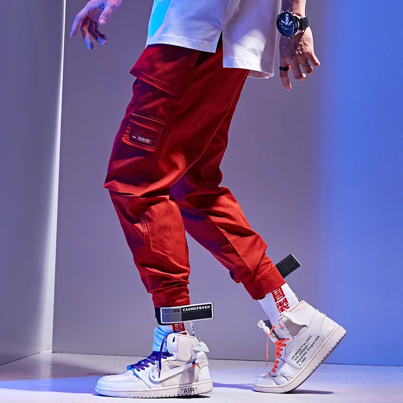 Мужские штаны для бега с большими карманами, красные, серые брюки-шаровары,, хип-хоп стиль, повседневные уличные брюки, мужские Модные брюки, WM02