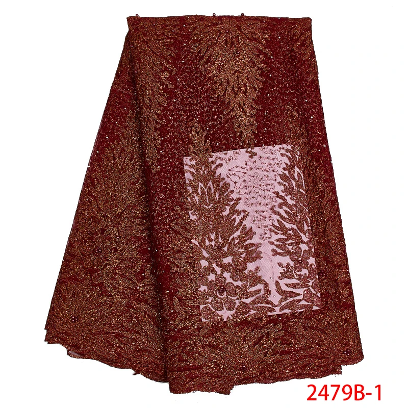 

2019 designs red latest nigerian african net bridal fabric lace french net lace with pearls and stones QF2479B-1
