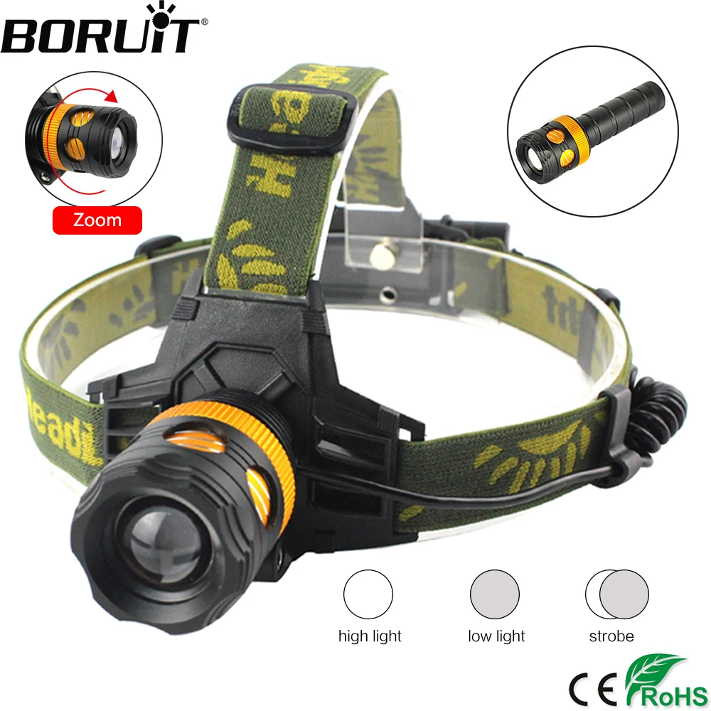 

BORUiT K13 XML T6 LED Headlamp Zoomable 3-Mode Headlight DC Charger Head Torch Fishing Camping Flashlight by 18650 Battery