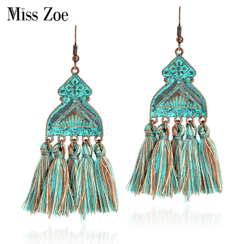 

Vintage Bronze hollow Green Long Tassels Drop Earrings Geometric triangle Danglers Bohemia Ethnic BOHO Holiday Charm Earrings
