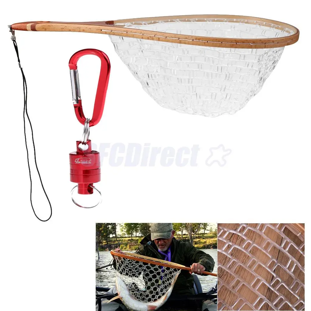 

Fishing Landing Nets Wooden Handle Rubber Mesh + Fly Fishing Strong Pull Release Magnetic Net Clip Keeper Holder Gear Red