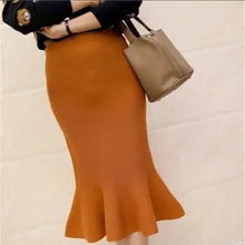 Осень-зима Для женщин трикотажные юбки Высокая Талия пикантные элегантные Повседневное работы одноцветная тонкая женская блуза с оборками Труба юбка-годе D129