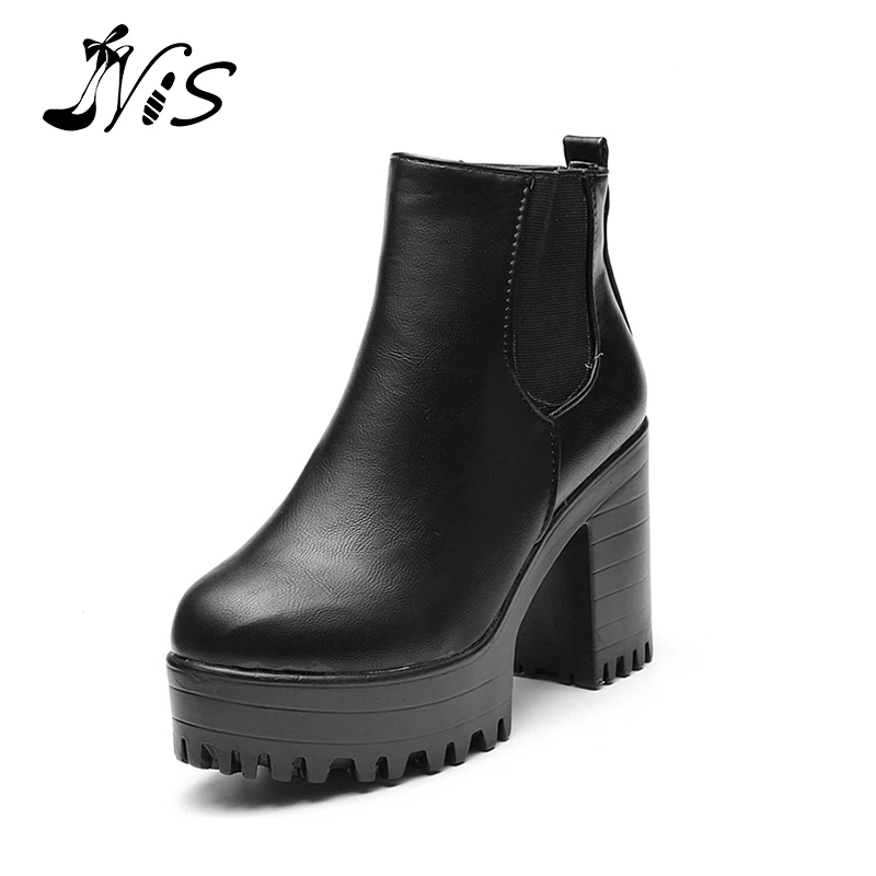 

NIS 2019 New Arrival Punk Women Leather Ankle Boots Chunky Platform Heel Combat causal Fashion Breathable outdoor Shoes