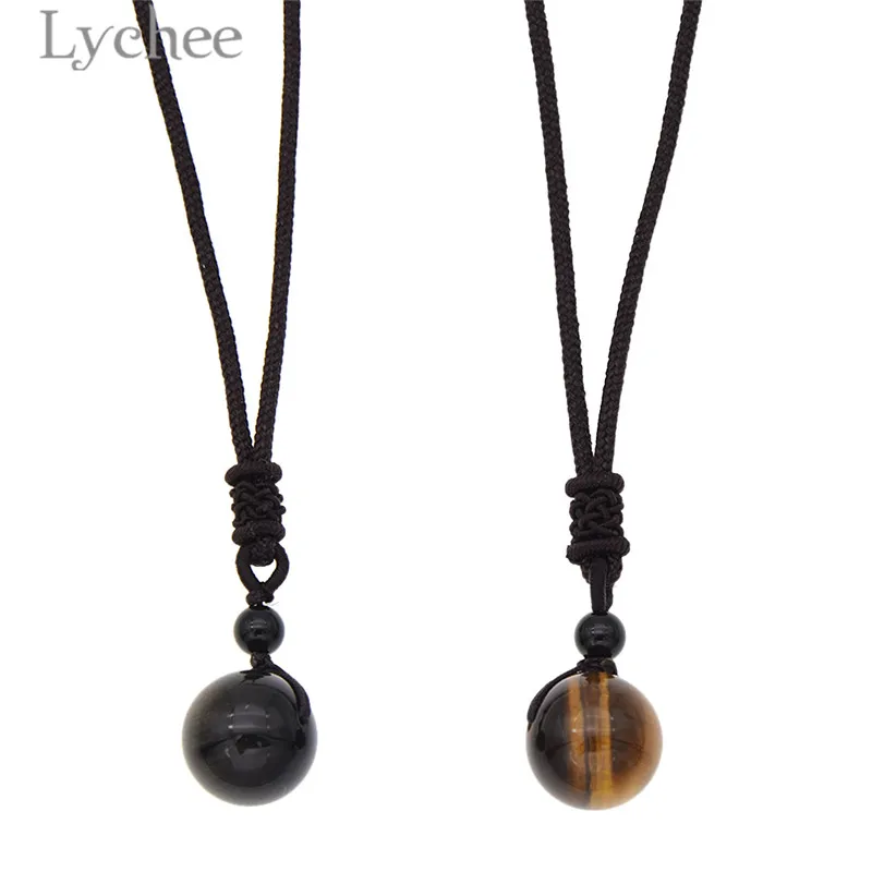 Lychee Crystal Eye Round Necklace Black Obsidian Pendant Good Luck
