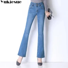 Базовые джинсы для женщин, обтягивающие джинсы с высокой талией, женские джинсовые брюки-клеш, Стрейчевые женские джинсы, широкие брюки размера плюс 34