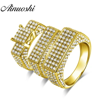 

AINUOSHI Real Gold TRIO Rings Set Flat Top Male Band Ring 14K Yellow Gold Couple Wedding Engagement Gold Rings Cluster Rings Set