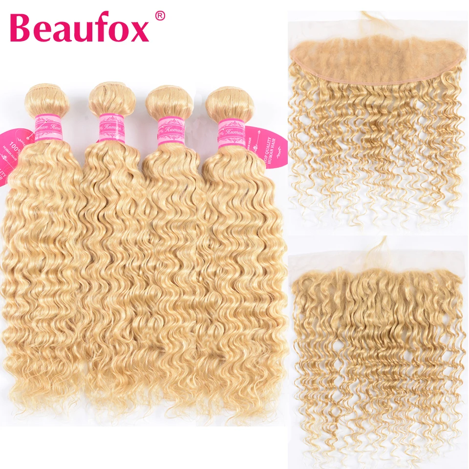 Beaufox 613 блондинка Связки с фронтальной глубокая волна бразильские человеческие волосы 4 Связки с фронтальной синтетическое закрытие волос
