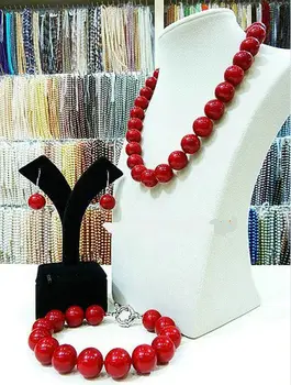 

925 women good NEW Real natural 14MM red coral necklace 18 "bracelet 7.5" earrings A + 00666