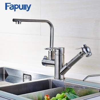 

Fapully Kitchen Sink Faucet Brushed Nickel Pull out Faucet All Around Rotate Swivel Multi-directional Kitchen Faucet 519-33N