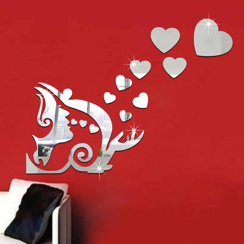 baratas Beleza Amor Beijo Coração Espelho Adesivos de Parede Autocollant Mural Home Decor Sala Quarto Fundo Adesivos