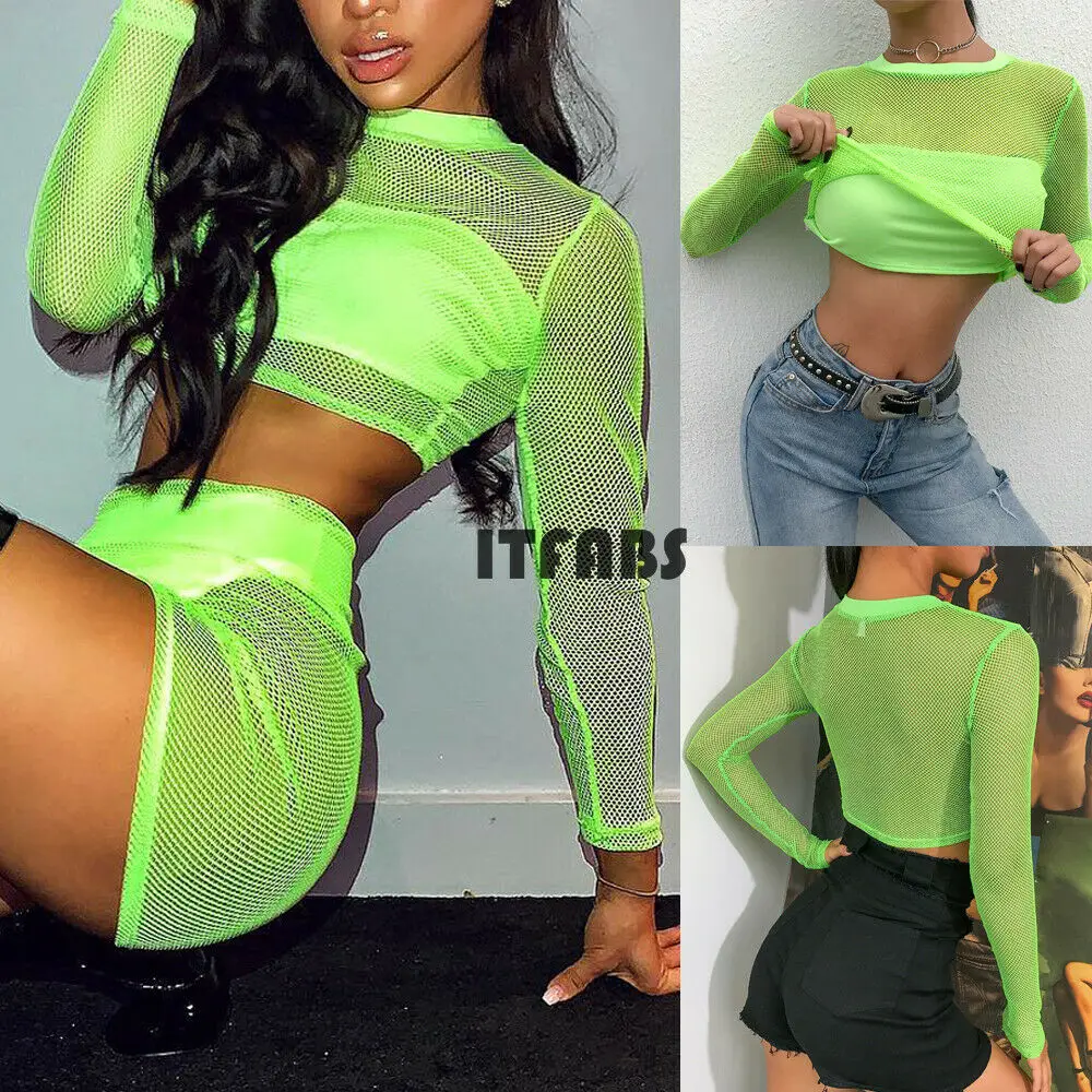 

2019 Brand Women Fluorescent Green Sexy And Charming Hollow Mesh Net T-Shirt Ladies O-Neck Transparent Long Sleeve Tops Clubwear