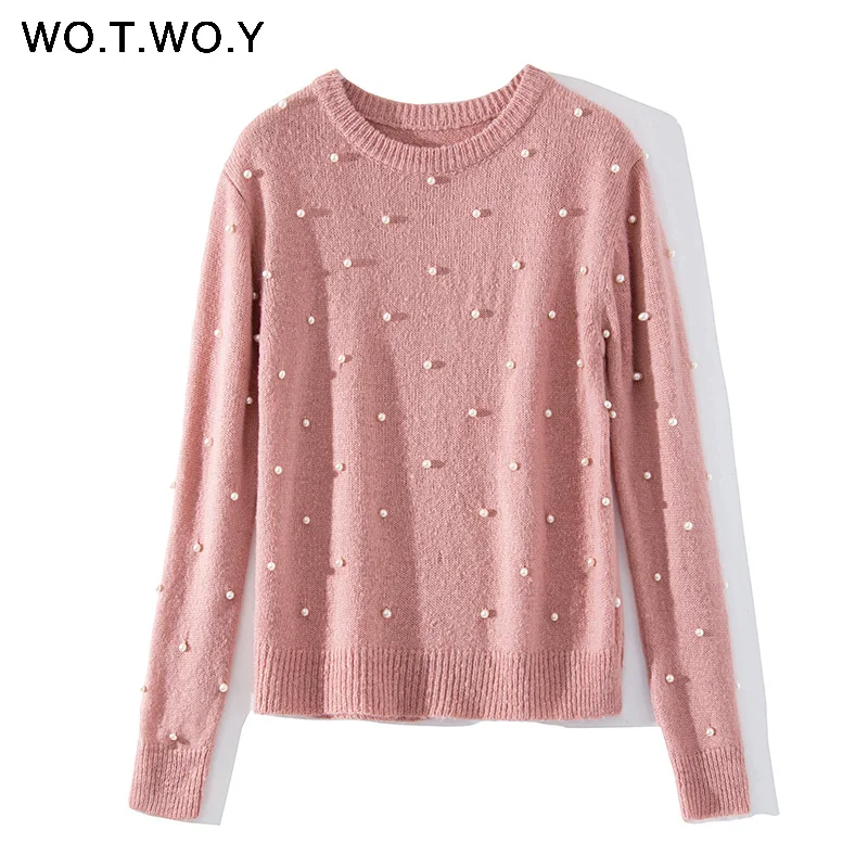 WOTWOY Pearl Beading Cashmere Sweater Women Pullover Knitted Long Sleeve Autumn Winter Sweaters Women Knit Top Femme Jumper 2018 Sweaters