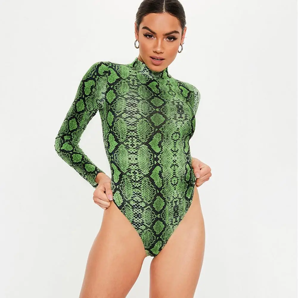 Bodysuit Women Sexy Snake Skin Print Long Sleeve Skinny Women Elegant Bodysuits Bodycon Jumpsuits fantazi giyim seksi 4FM