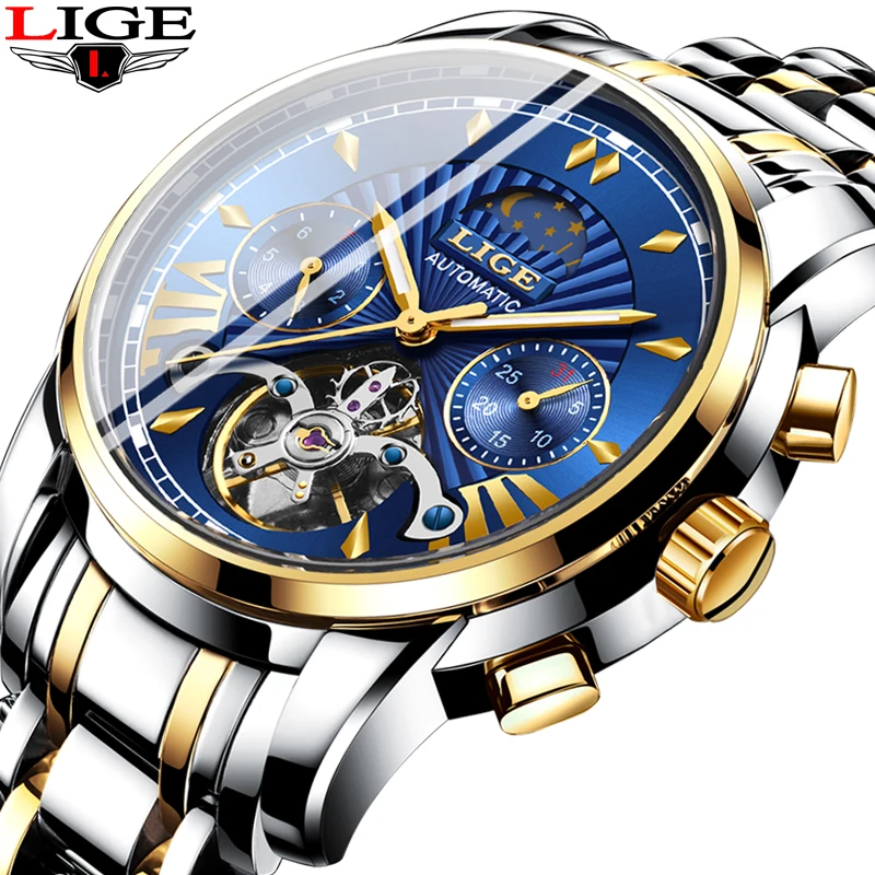 

2019 LIGE Clock Classic Tourbillon Blue Dial Luxury Men Automatic Watches Stainless Steel Waterproof Mechanical Watch For Men