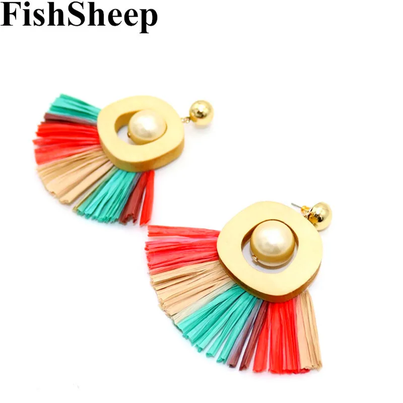 

FishSheep Bohemian Statement Raffia Tassel Fringe Drop Earrings Large Geometric Wood Pearl Beads Dangle Earring Jewelry Handmade