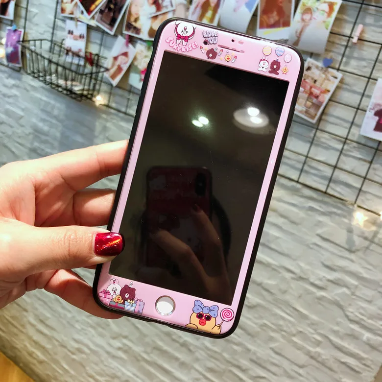 

Korea Sally Bear Bunny Party Pink Carbon Fiber Front Screen tempered glass Film For iPhone8 6S/7PLUS 4.7/5.5 Screen Protection