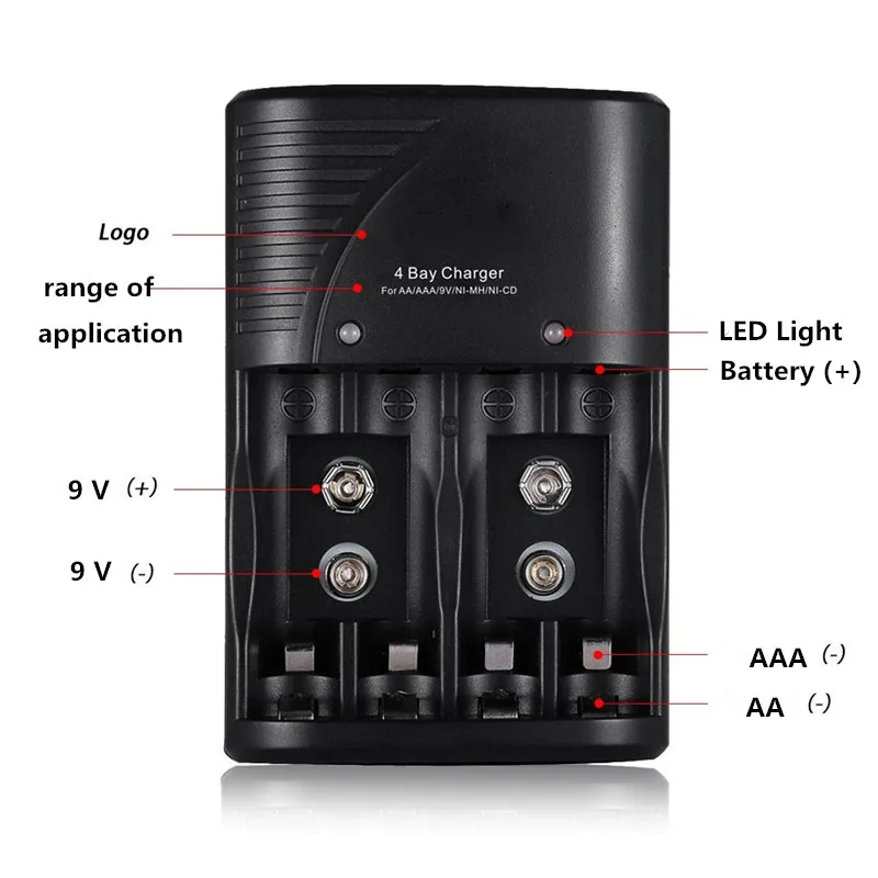 

4 Bay Smart Battery Charger 9V For AA AAA Ni-MH Ni-Cd Li-ion Batteries