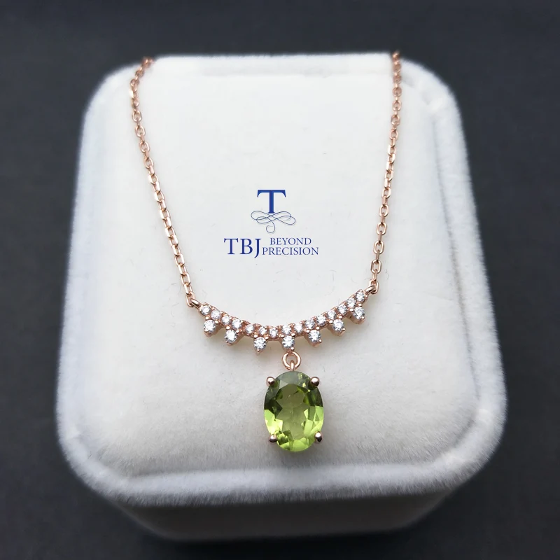 

TBJ,2017 new design elegant pendant necklace with natural peridot ov 6*8mm gemstone in 925 sterling silver for girls' best gift