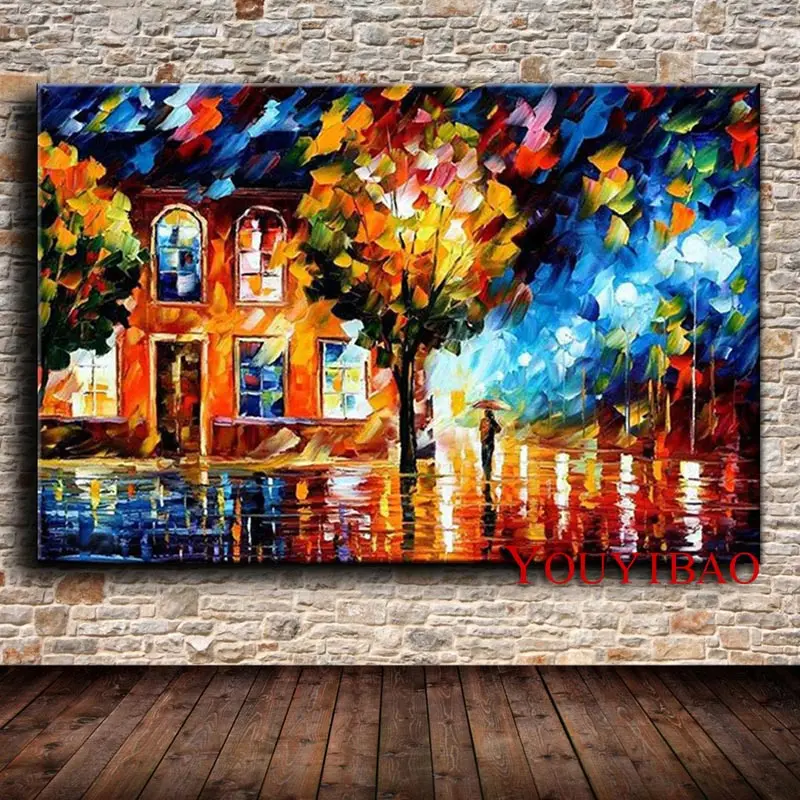Ручная роспись романтическая дождливая улица картина маслом на холсте Современный абстрактный нож пейзаж настенная живопись произведение искусства для гостиной - Цвет: 1P-y305