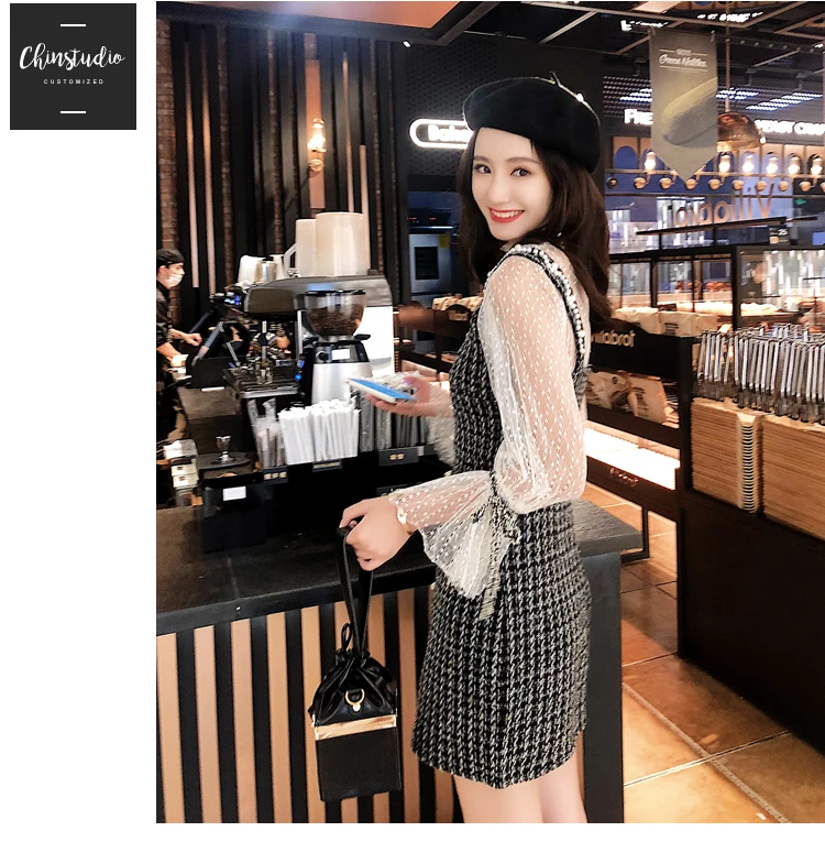 Two Pieces Set Mesh Tops Spaghetti Strap Dress Sexy Lantern Sleeve Mini Vest Dresses Ladies Fashion Elegant Party Dress New