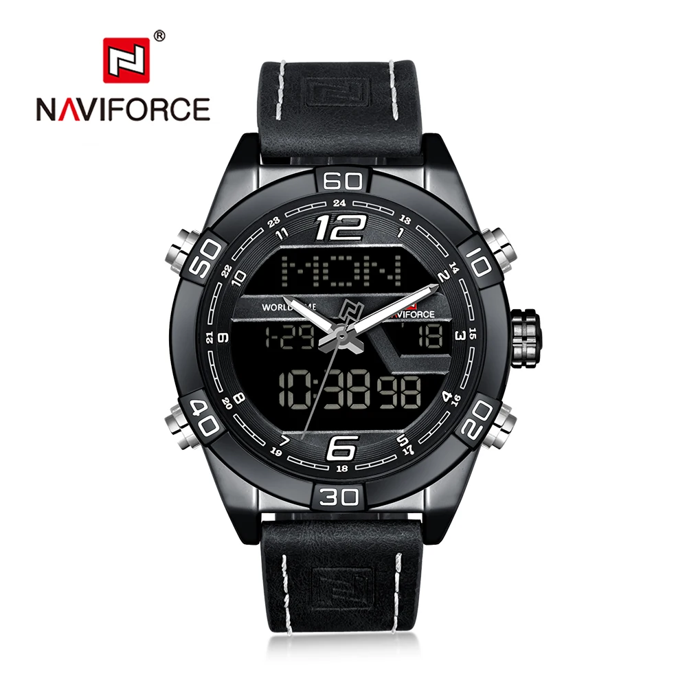 

NAVIFORCE NF9128 Quartz Watch Men Waterproof Quartz Wrist Watch Male Genuine Leather Wristwatch LED Display Watches for Men