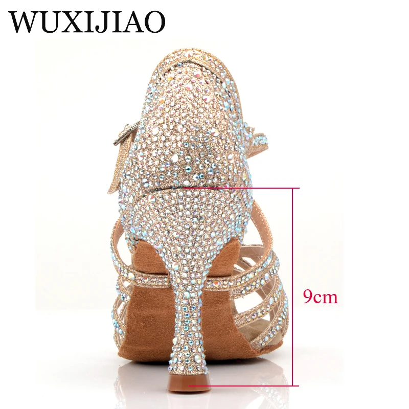 Dance Shoes WUXIJIAO Gold silver Rhinestone Latin Dance Shoes Women Salas Ballroom Shoes Pearl High Heel 9cm Waltz Software