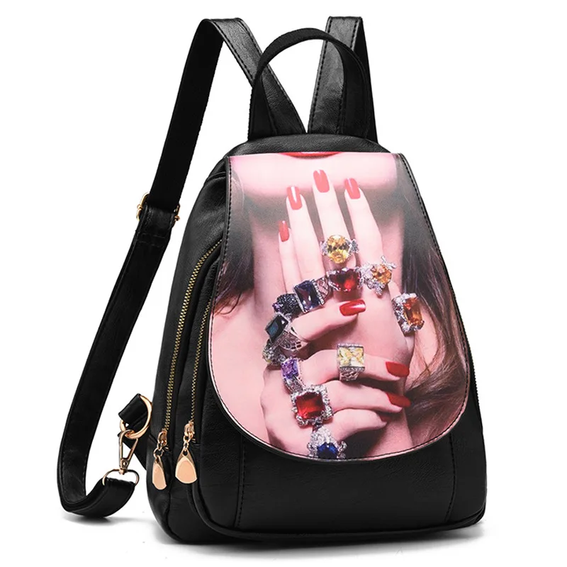 

2019 New High Quality PU Leather Backpacks Woman Fashion Printing Shoulder Bag Bagpack Female Travel Backpack School Bags Black