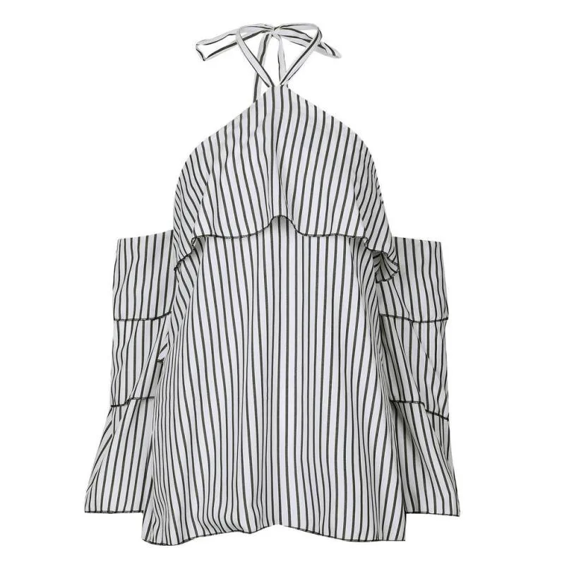 Womens Sexy Hanging Neck Off Shoulder Tops Ladies Casual Striped Long ...