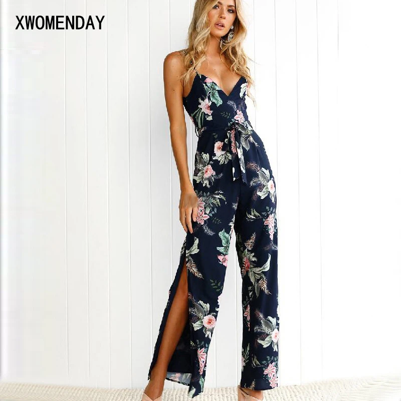 Backless Long Romper Womens Jumpsuit Casual Print Split leg Overalls Sexy Strap V Neck Sashes Female Jumpsuit Korean Summer 2019 Backless Long Romper Womens Jumpsuit Casual Print Split leg Overalls Sexy Strap V Neck Sashes Female Jumpsuit Korean Summer 2019