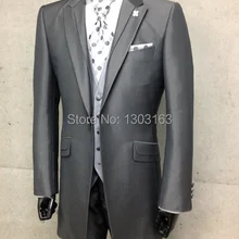 Новое поступление, удлиненные смокинги для жениха на 1 пуговице, серые лучшие мужские пиковые лацкан друг жениха, мужские свадебные костюмы, пиджак для жениха+ брюки+ TieVest