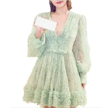 

Runway Chic Dress For Women 2019 Summer Designer Printed Florals Ladies Sexy V-neck Buttons Dresses Aline Pleated Ruffle Vestido