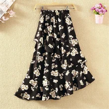 Лето, шифоновые женские юбки с цветочным принтом, с оборками, асимметричные, высокая талия, тонкая, универсальная юбка, Студенческая, повседневная юбка