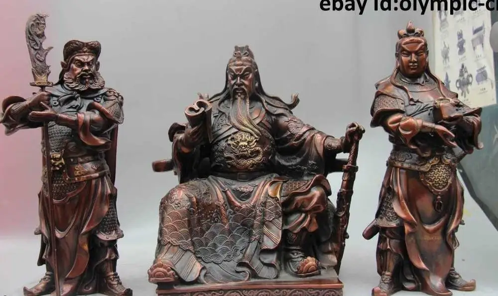 

12" China Bronze buddhism Copper Dragon Guan Gong buddha Warrior Statue Set