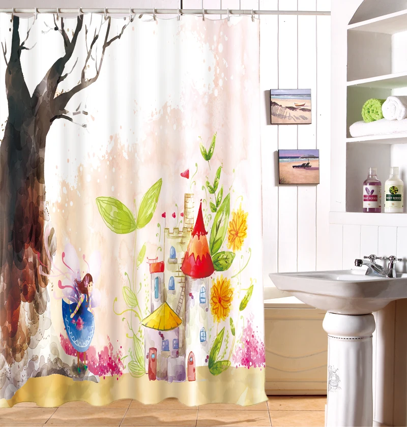 Cartoon girls dream castle character of 3 d printing shower curtainin