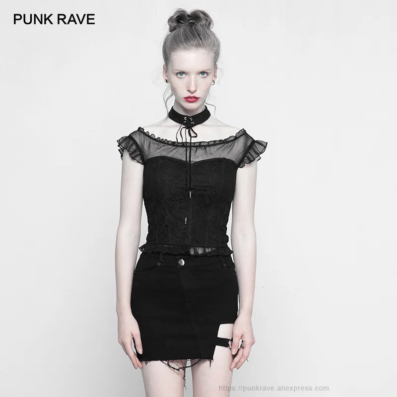 

PUNK RAVE Women's New Gothic Black Short-sleeved Off-shoulder T-Shirts Fashion Sexy Lace Short Sleeve Shirt Women Tops Tees