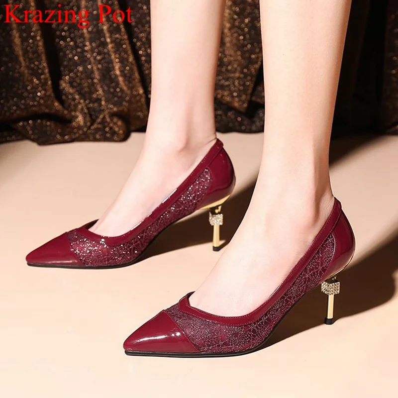 

new patent leather shallow pointed toe big size women pumps slip on elegant wedding office lady crystal party summer shoes L63