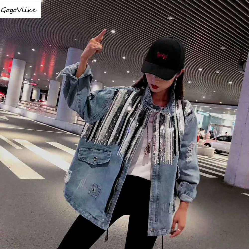 

Bling Sequins Jean Coat jeans Jacket 2018 women Striped Denim Coats Female Color Block Jackets Casual Vintage Outwear LT062S50