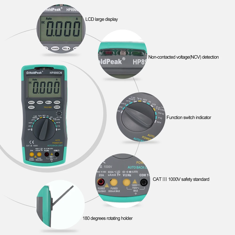 HoldPeak HP-890CN цифровой мультиметр с ЖК-подсветкой DC/AC напряжение измеритель тока тестер портативный измеритель авто Диапазон диагностический инструмент