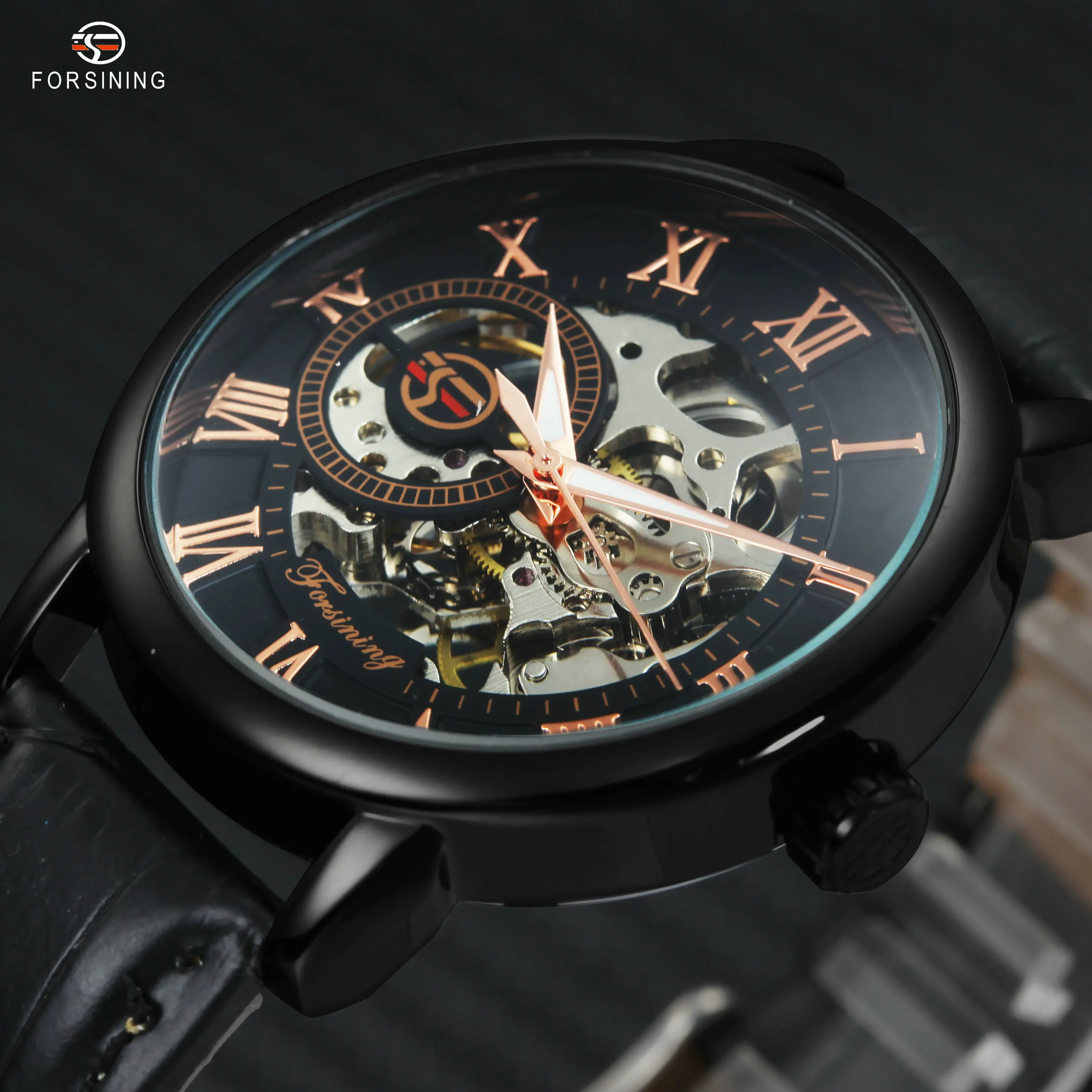 

FORSINING Fashion Roman Watch Men Skeleton Mechanical Wristwatch for Man Top Brand Luxury Hand-wind Leather Mens Watches 3D Dial