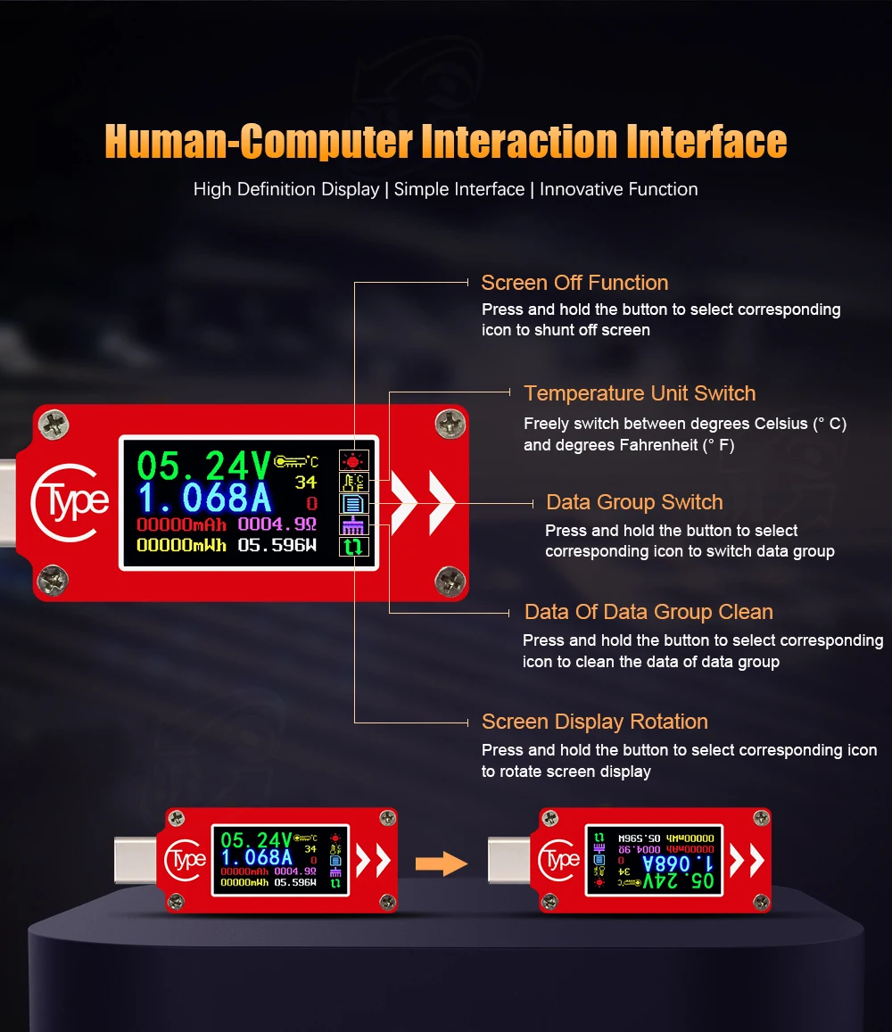 RD TC64 тип-c цвет ЖК-дисплей USB Вольтметр Амперметр Напряжение измеритель тока мультиметр батарея PD зарядки запасные аккумуляторы для телефонов USB Тестер