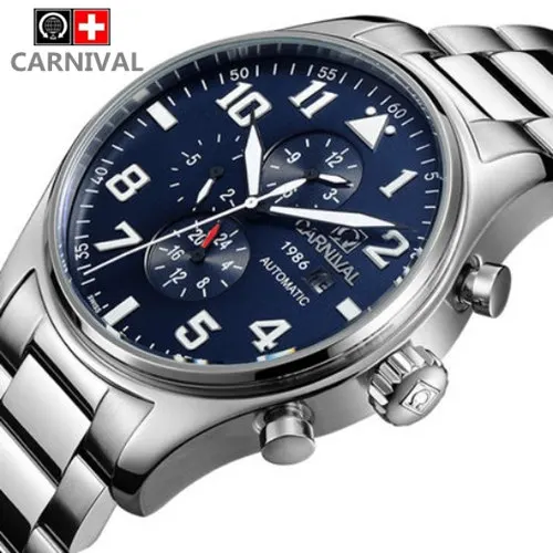 Военные спортивные автоматические механические известный бренд мужские часы модные водонепроницаемые светящиеся полностью стальные мужские роскошные часы relogio - Цвет ремешка: Blue silver steel
