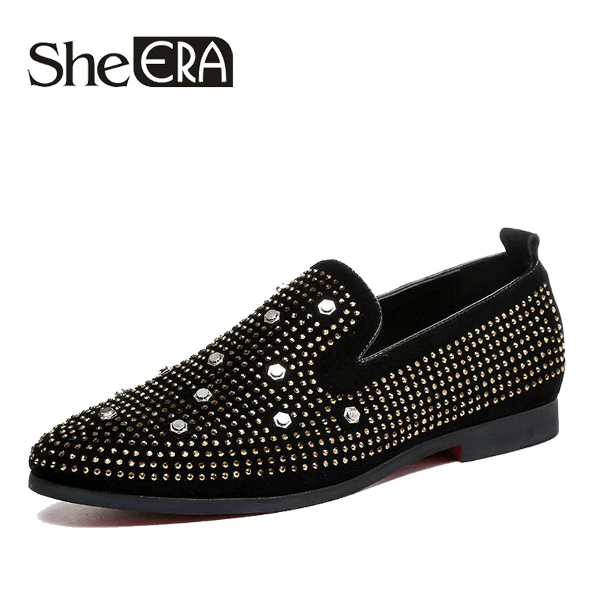 

Italian Men loafers Black Diamond Rhinestones Spiked Loafers Rivets shoes Red Bottom Wedding Party Shoes Plus Size 37-48